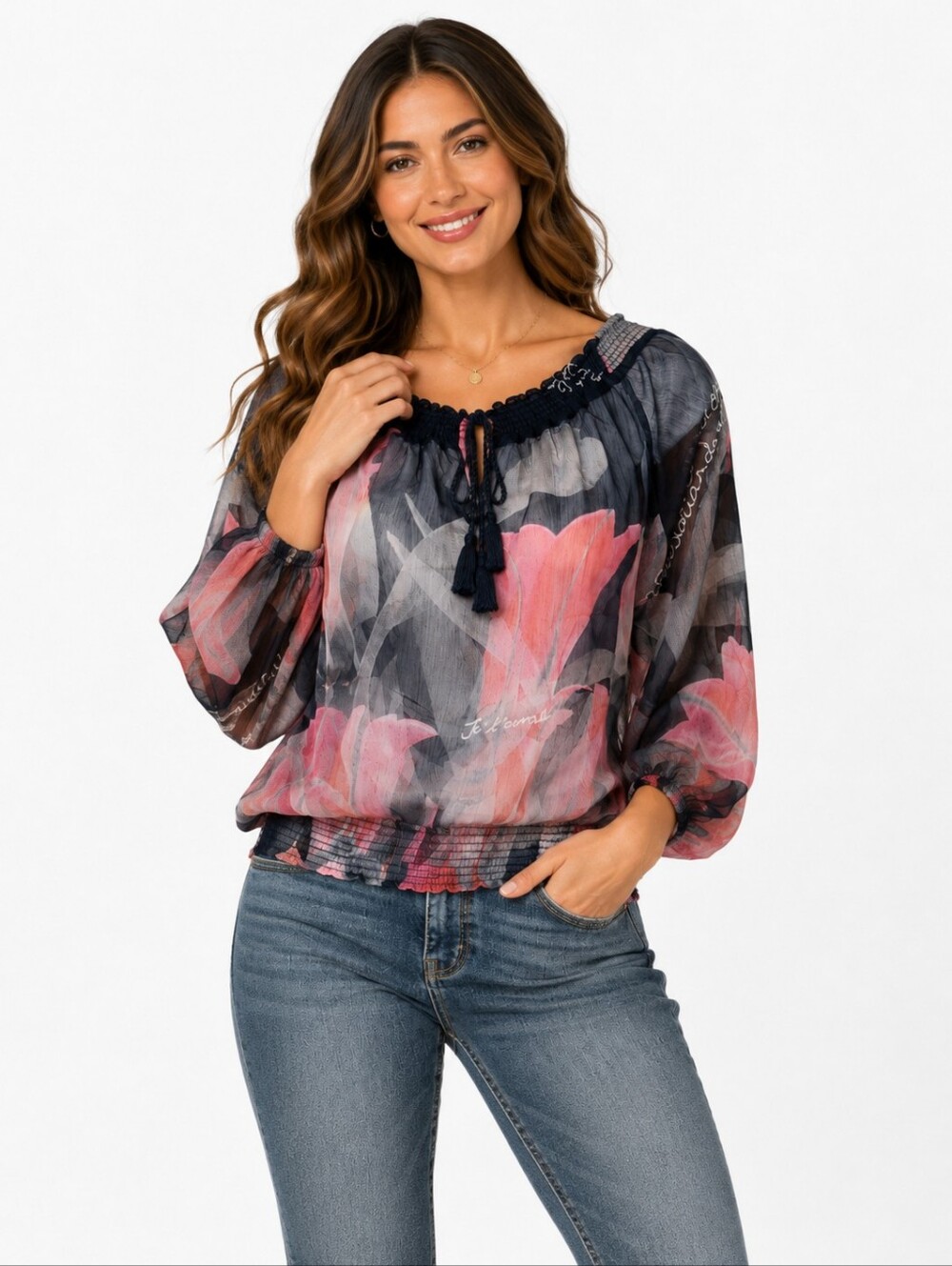 Desigual Women’s Sheer Floral Print Boho Blouse Pink Black Smocked Top